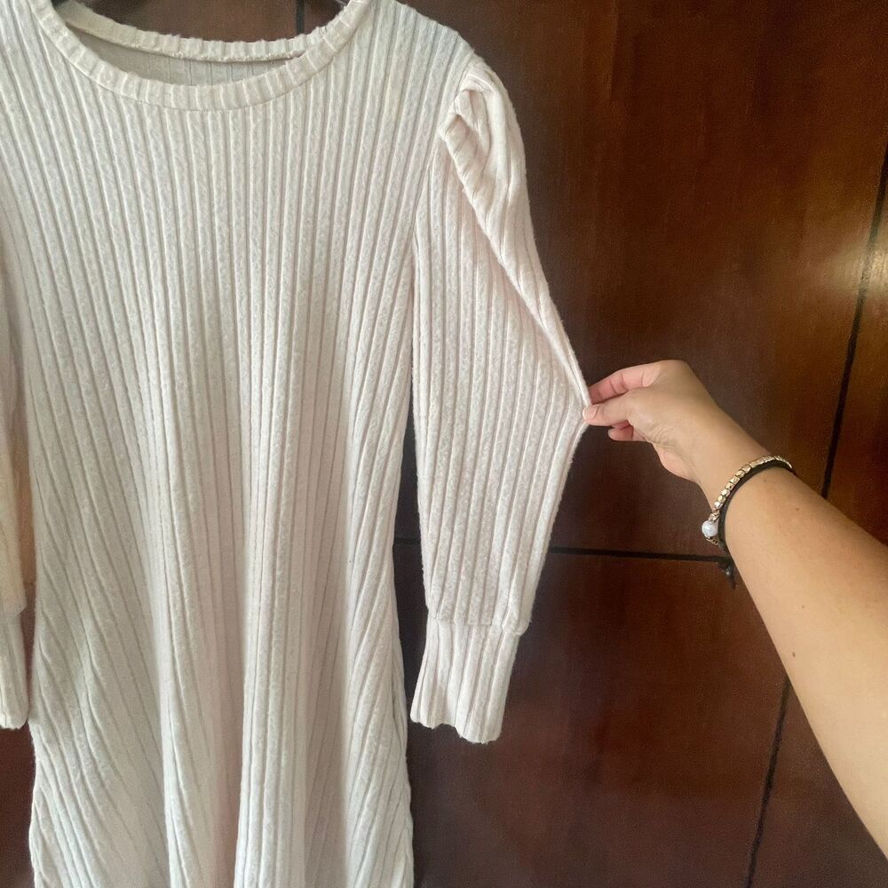 Women's Elegant Long-Sleeve Ribbed Knit Midi Fit & Flare Cream Spring Dress S - Picture 5 of 10